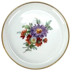 Coaster Butter Pat Trinket Ring Pin Dish Porcelain Germany Flowers Salmon Purple